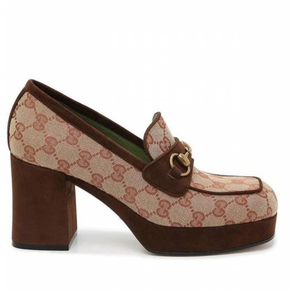 New GUCCI GG Monogram supreme Suede Houdan Mid Heel Platform Loafers - Picture 3 of 8